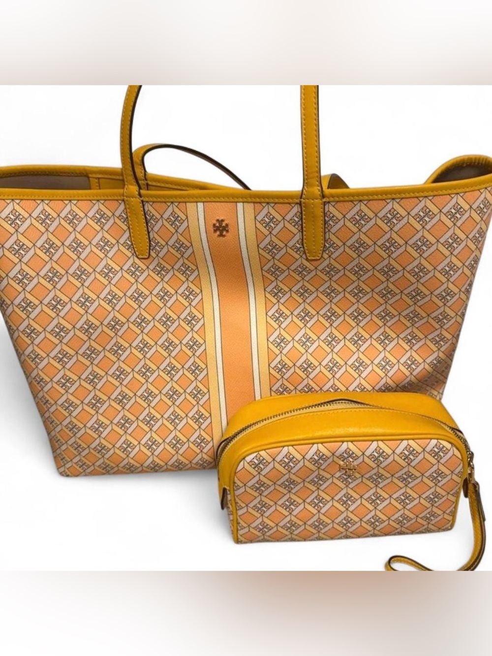 Tory Burch Orange and Yellow Printed Canvas Tote with Matching Pouch